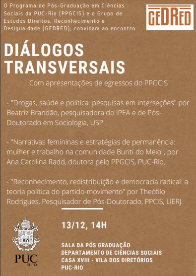13/12/2019 – “DIÁLOGOS TRANSVERSAIS” – apresentações de egressos do PPGCIS