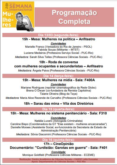 13 a 16/03/2017 – Semana Internacional das Mulheres