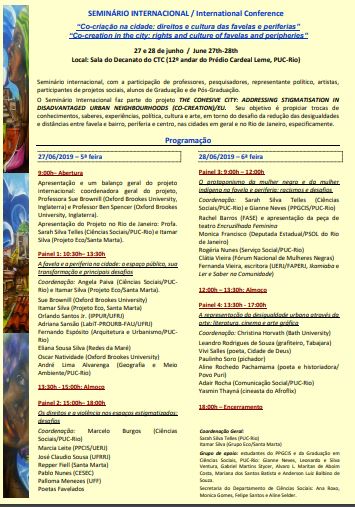 27 e 28/06/2019 – Seminário Internacional “Co-criação na cidade: direitos e cultura das favelas e periferias”